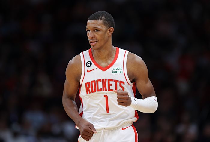 Oct 2, 2022; Houston, Texas, USA; Houston Rockets forward Jabari Smith Jr. (1) reacts after making a basket during the third quarter against the San Antonio Spurs at Toyota Center. Mandatory Credit: Troy Taormina-USA TODAY Sports